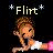 Pixelated cartoon-style icon featuring a female character with brown hair in an updo, wearing a white top and pink sleeve, winking against a black background with the word "Flirt" above her flanked by star symbols.