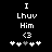 Black background with white pixelated text and symbols arranged vertically, showing two identical static frames with a single heart symbol change.
