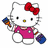 Hello Kitty character in two pixelated poses: one holding paintbrushes and a palette, the other with hands on hips and musical notes floating around, both with red bow and distinct outfits.