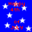 Blue background with white stars and red text reading "Happy 4th of July" in pixelated font.
