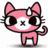 Pixelated pink cat with large black eyes, white muzzle, and small X-shaped nose standing against a plain background.