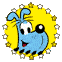 Blue cartoon character with large eyes and red mouth inside yellow circular frame bordered by white and gold stars.