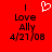 Red background with black text reading 'Love Ally 4/27/08' and a white pixelated heart symbol above the left instance of 'Love'.