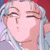 Pixelated close-up of a character with light hair and closed eyes, wearing a blue garment against a red background.