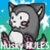 Pixelated cartoon cat with gray and white fur, pink paw pads, and brown nose, standing against blue-green gradient background.