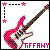 Pixelated image of a pink electric guitar with black and white details, surrounded by four pink stars on a white background.