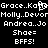Pixelated text displays repeated names and 'Shoe= BFFS!' on a black background with white characters.