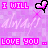 Pixelated pink and purple animated contact sheet with repeated text "I WILL" and "LOVE YOU" alongside heart symbols, arranged in a 2x2 grid of four frames showing sequential animation changes.
