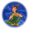 Animated cartoon character in green outfit with red feathered hat, crouching against blue starry background; smaller fairy-like figure with wings and wand flying nearby.
