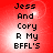 Red background with pixelated text reading "Jess And Cory R My BFFL'S" in four identical quadrants, each with a bright white circular glow behind the text.