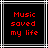 Red pixelated text "Music saved my life" on black background with white and gray lines