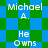 Pixelated text reads 'Michael A. He Owns Michael A.' over a blue and green checkered background with diamond-shaped patterns.
