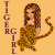 Pixelated image of a tiger-striped figure with long hair, standing against a solid tan background, with vertical purple text reading "TIGERGIRL" on the left.