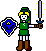Pixel art character in green tunic and brown boots holding blue shield with yellow symbol, sword emitting yellow sparkles on left side.