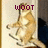 A pixelated image of a light brown dog standing on its hind legs with text above it.