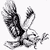 Pixelated grayscale icon of a figure with outstretched arms and legs, head tilted back, and a blurred face against a white background.