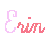 Pixelated text 'Erin' in pink and white with animated heart and butterfly elements on a white background.