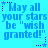 Blue pixelated text on cyan background reads "May all your stars be 'wish granted!'" with small blue star symbols at corners.