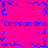 Pixelated icon with bright pink background and blue text repeating "Cassandra" at top and bottom, framed by blue pixel-art branches.