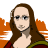 Pixelated static image of a person with long brown hair, light skin, and dark eyes wearing glasses, set against an orange background.