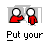 Pixel art of two figures with white heads and red bodies; one figure places a hand on the other's head against a gray background with text below.