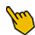 Three yellow hand cursor icons with black outlines on gray background, each showing different finger states: leftmost is raised index finger, top-right has red circle at fingertip, bottom-left shows red concentric circles around base of index finger.