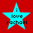 Four cyan stars on red background with text "i love rachael" in black pixelated font, each star showing slight variation in pixel alignment.