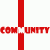 Red text on white background forms a of repeated 'COMMUNITY' and fragmented words like 'EN', 'ENG', 'GLA', 'AND', with vertical red lines dividing sections