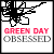 nine pixelated icons with black abstract line art, red 'GREEN DAY' text, and gray 'OBSESSED' or 'ADDICTED' text below