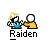Pixel art icon of a character with straw hat and blue shirt holding a white ball, with 'Raiden' text below, showing animation variations including flower bursts and blue energy effects.