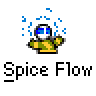 A static contact sheet showing two identical frames of a pixel art buddy icon with blue water droplets, yellow-green clothing, and text elements including "Spice Flow" and "badassbuddy.com" on a gray background.