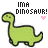 Pixelated green dinosaur with long neck and tail, black outline, standing on four legs beneath text reading 'IMA DINOSAUR!' and a pink heart symbol.