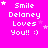 Pixelated text 'Smile Delaney Loves You!! :)' on bright pink background with white stars, animated star positions across frames.