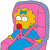 Pixelated character with yellow hair, blue bow, red mouth, and blue dress against pink background.
