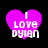 Four identical purple heart-shaped icons with white text reading "I Love Dyian" on a black background.