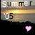 Pixelated sunset scene with 'Summer' text above and '05' below, featuring a pink heart that shifts position between frames.