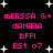 Black background with pink pixelated text and white starbursts; text reads 'melissa &+ daniela bffl EST 07' in two identical vertical