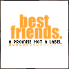 Pixelated orange text reads 'best friends.' above black text stating 'A PROMISE NOT A LABEL.' with a row of small orange symbols below.