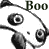 A black-and-white pixelated image of a cartoon character with large eyes and multiple arms, displaying the text "Boo" above its head.
