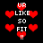Pixelated red hearts and white text 'UR LIKE SO FIT !!' on black background, with two distinct animation states showing heart and text position shifts.