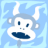 Pixelated cartoon monkey face with light blue background, white horns, and dark blue mouth on a stick-like base.