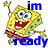 Yellow sponge character with blue eyes, red mouth, orange shorts; text 'im' above and 'ready' below in blue font on white background.