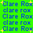 Green background with blue text reading "Clare Rox" and "clare rox" in alternating cases, some instances accompanied by yellow starbursts.