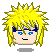 Four pixelated character head views with spiky yellow hair, blue eyes, and a silver forehead protector on gray background.