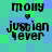 A pixelated image with green and blue background squares, displaying text 'molly' above a heart symbol and 'justian never' below it in black block letters.