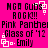 Pixelated text on bright pink background with white square accents, repeating 'MGA GUDS AOGK!!' and 'Pink Panther Glass of '12 . Emily' in black block letters.