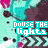 Pixelated graphic with repeating text "DOUSE THE LIGHTS" in cyan and pink, layered over abstract shapes including chevron patterns and circular dots on a teal background.