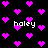 Pixelated icon with black background, pink hearts scattered throughout, and white text reading 'haley' in multiple positions.