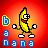 Pixelated banana character with red bow tie, white shoes, and green limbs stands against red gradient background; blue text 'banana' below with yellow highlight on one letter per frame.