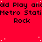 Red background with repeated black text 'old Play and Metro Stati' and 'Rock' below, scattered white dots, and a gray rectangle in the bottom-right corner.